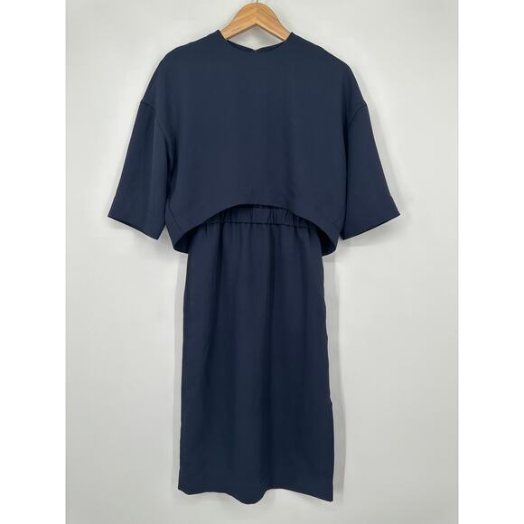 COS Layered Shift Dress Twill 3/4 Sleeve Midi Sheath, Navy Blue - Picture 4 of 12